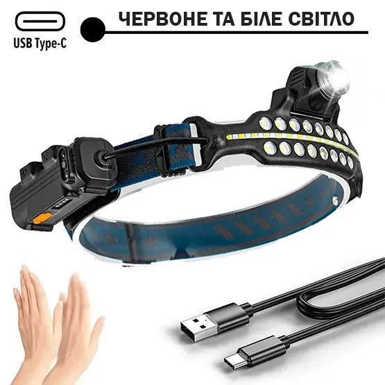 Фонарь налобный с красным и белым светом LTS+SMD W690, аккумуляторный, встроенный 18650, сенсорный (датчик движения), зум (фокус), зарядка USB Type-C, ближний COB свет 00317 фото