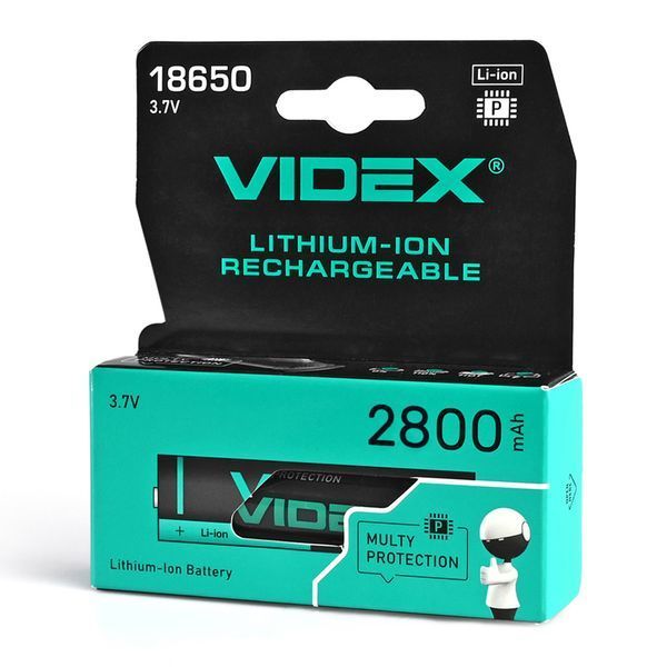 Аккумулятор с защитой 18650 Li-ion Videx 2800mAh 3.7V Выпуклый (Button Top) для фонарей и приборов 03625 фото