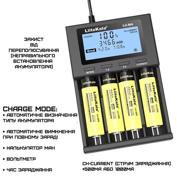 Зарядний пристрій для акумуляторів LiitoKala Lii-M4 Type-C на 4 слоти з LCD-дисплеєм, тестом ємності та Power Bank 04212 фото