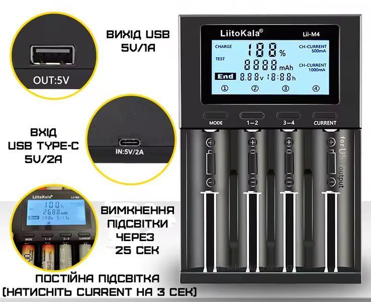 Зарядний пристрій для акумуляторів LiitoKala Lii-M4 Type-C на 4 слоти з LCD-дисплеєм, тестом ємності та Power Bank 04212 фото