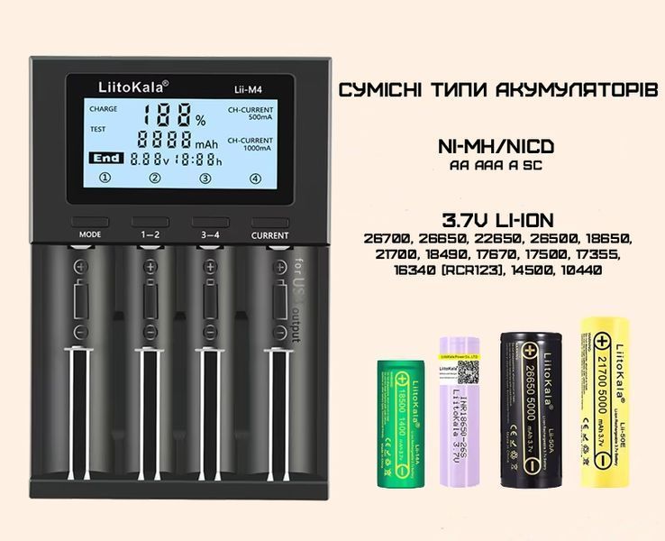 Зарядний пристрій для акумуляторів LiitoKala Lii-M4 Type-C на 4 слоти з LCD-дисплеєм, тестом ємності та Power Bank 04212 фото