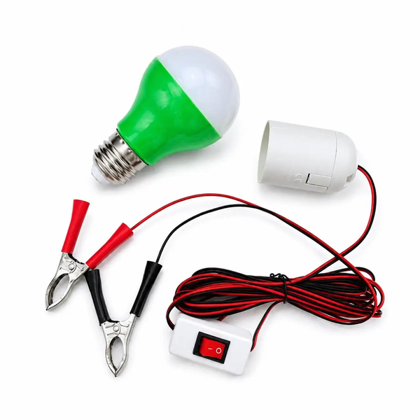 Світлодіодна переносна LED лампа 12V 5W кемпінгова під акумулятор (патрон E27, з вимикачем, затискачами-крокодилами та кабелем 4м), зелена 05152 фото