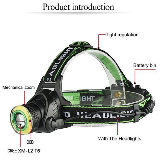 Ліхтар налобний T6+COB BL-6677, акумуляторний 2&times;18650, зум (фокус), зарядка USB, ближнє COB світло 00328 фото