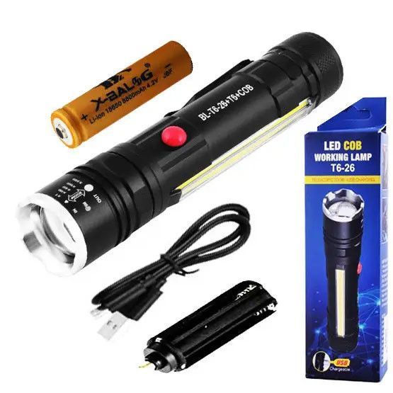 Фонарь ручной T6+COB BL-T6-26, аккумуляторный 18650, зум (фокус), боковая COB подсветка, зарядка USB, работает от 3&times;AAA 00039 фото