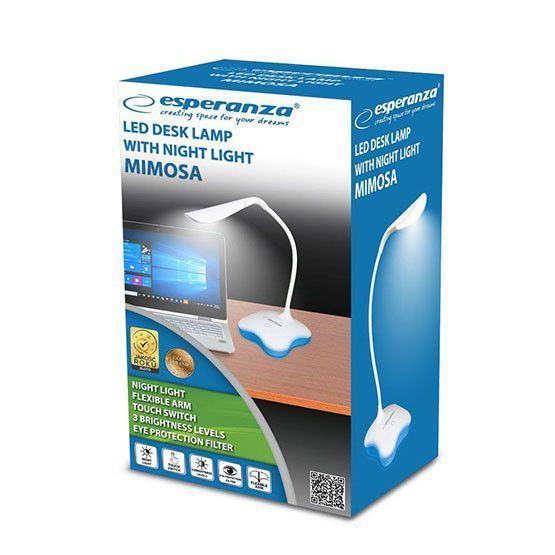 Настільна LED лампа Esperanza Mimosa, гнучка, USB, для читання та роботи, біла, синє підсвічування 10200 фото