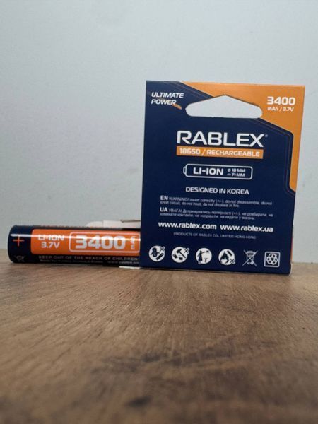 Акумулятор 18650 Li-ion Rablex 3400mAh 3.7V Випуклий (Button Top) без захисту для ліхтарів та приладів 03616 фото