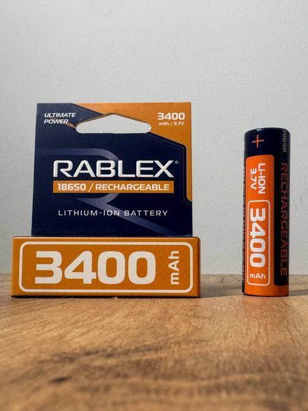 Акумулятор 18650 Li-ion Rablex 3400mAh 3.7V Випуклий (Button Top) без захисту для ліхтарів та приладів 03616 фото