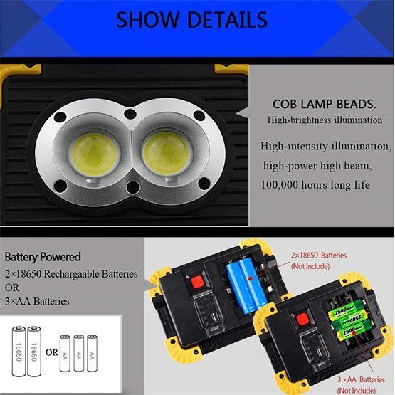 Прожектор LED L802-20W-2COB+1W PowerBank, акумуляторний 2&times;18650 (змінні), потужний, зарядка USB, працює від 2&times;AAA 00620 фото